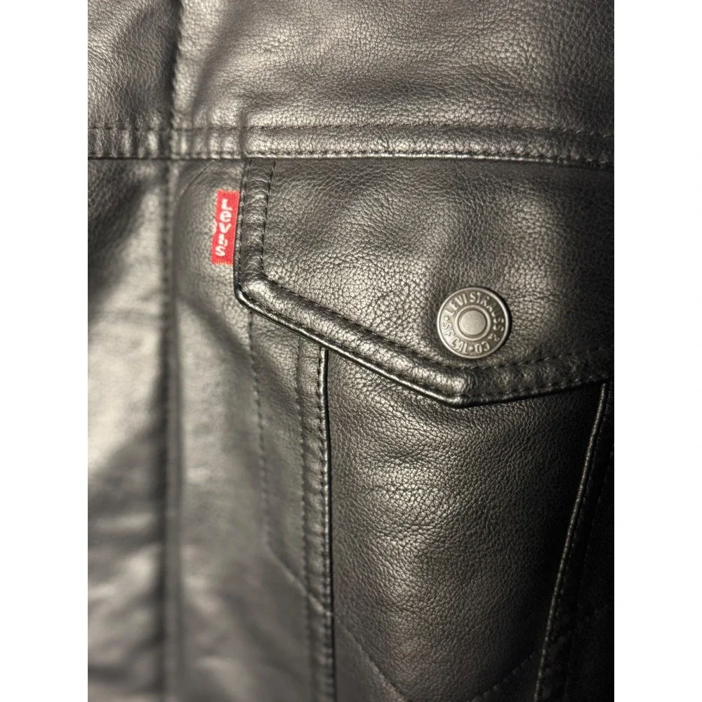 Levis Mens‎ Black Faux Leather Trucker Jacket Quilted Lined XL LM1RU525 - Picture 7 of 11